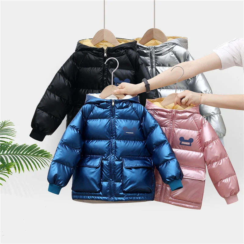 

2022 New Baby Boys Down Jackets Autumn Winter Hooded Outerwear Kids Girls Shiny Thick Coats Childrens Clothes 3-8 Years