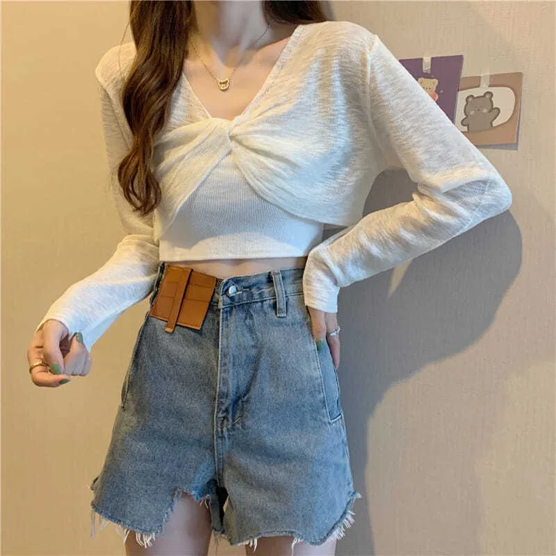 

Pullover Summer 2023 Focus Design Loose and Slightly Transparent Short Sunscreen Cover Top Long Sleeve Knitted Shirt for Women