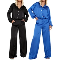 fashion women casual wear suits solid color button long sleeve satin shirt tops and loose wide leg pants with pockets sleepwear