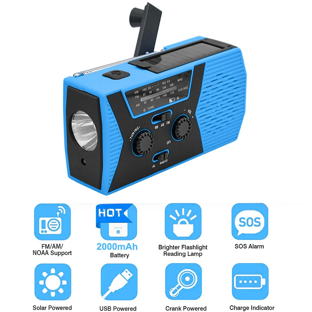 

Portable Emergency Radios Hand Crank Solar Powered Radio AM/FM/WB Weather Radios LED Flashlight 2000mAh Power Bank Phone Charger