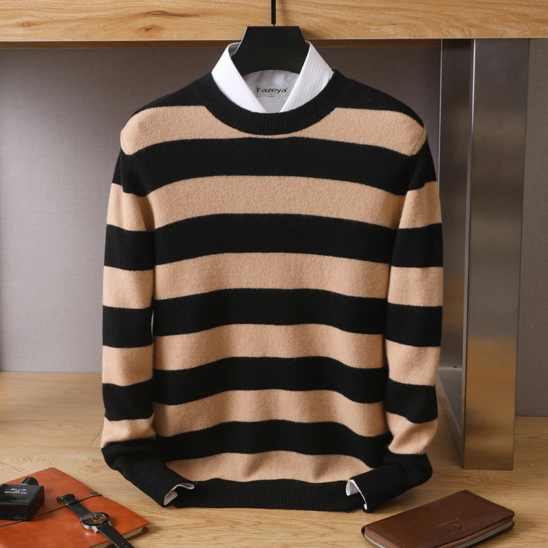 100% Pure Wool Sweater Men's Round neck Pullover Korean Fashion Knitting Stripe Top Autumn and Winter New Shirt