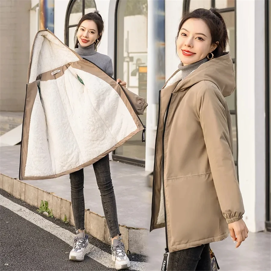 Mid-length Hooded Cotton Padded Thicken Coat Women Fleece Lined Parkas Warm Winter Overcoat Snow Wear Windbreaker Loose Jackets