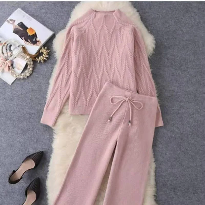 

Solid Fashion Autumn Winter Knitted Matching Sets Pink Half High Collar Pullover Sweater Tops Wide Leg Knitting Pants All-match