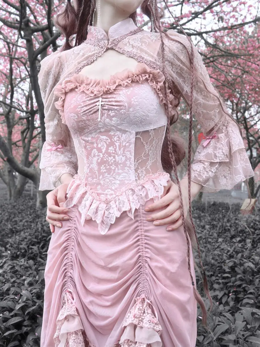 

Женская сетчатая блуза с кружевом, Весенняя розовая бархатная блузка с расклешенными рукавами и лотосом, сексуальный топ в готическом стил...
