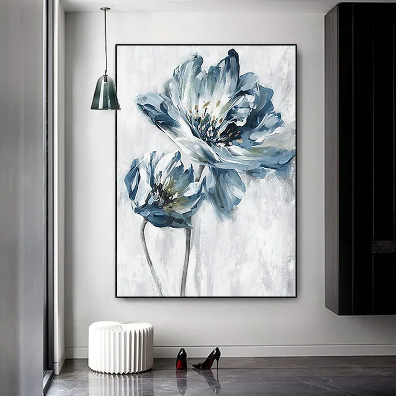

Abstract Blue Flower Oil Painting Print on Canvas Modern Art Flower Wall Art Poster for Bedroom Home Interior Decorative Picture