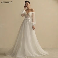 bepeithy boho ivory wedding dresses for women birde 2022 deep neck sexy full sleeves a line glitter bridal gown sweep train new