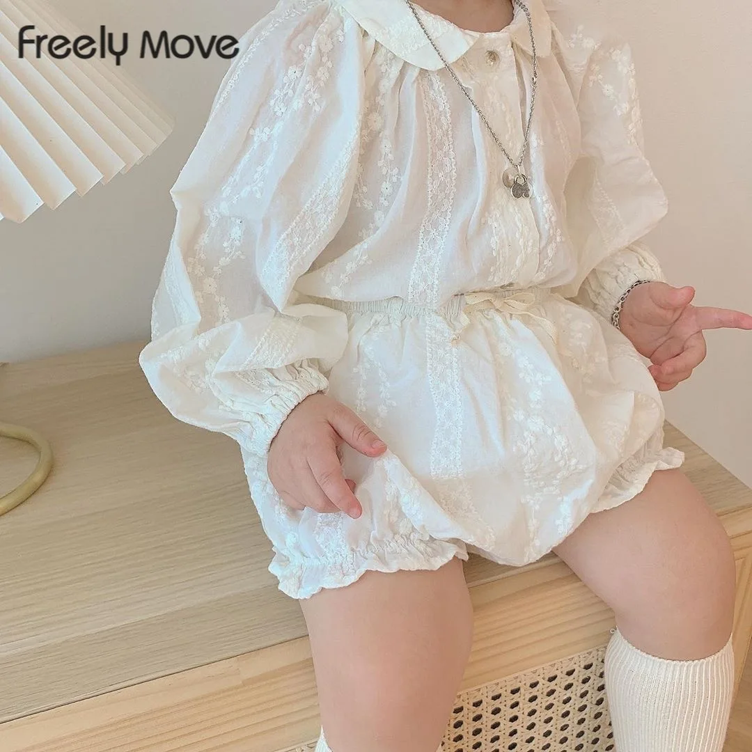 

Freely Move Lace Embroidery Girls Clothing Set Spring Long Sleeve Infant Baby Jumpsuit for Toddler Girls Clothing Children Suit