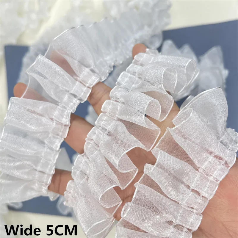 

5CM Wide White Yarn Pleated Elastic Lace Fabric Needlework Frilled Ribbon Dress Collar Neckline Ruffle Trim Sewing Guipure Decor