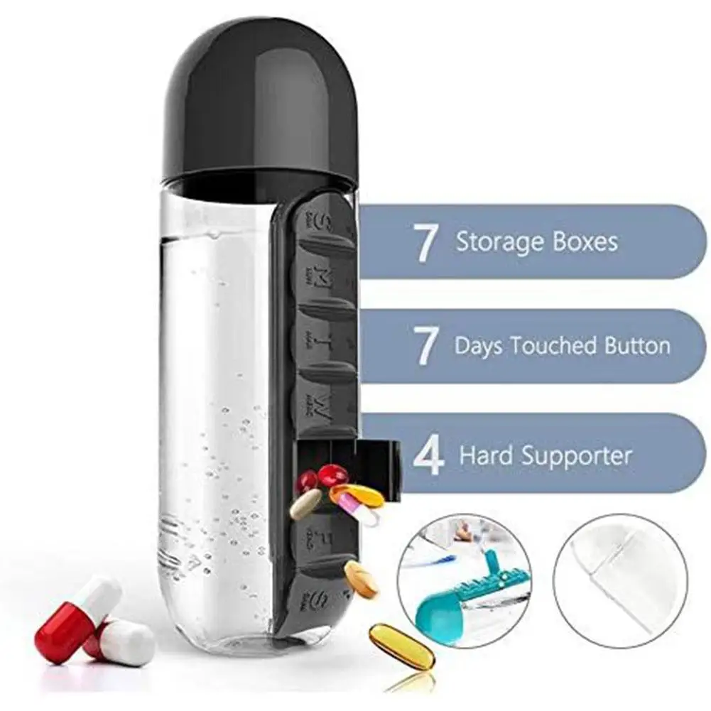 

2-in-1 600ml Portable Water Bottle Detachable Large-capacity 7 Day Pill Box Case Weekly Pill Organizer