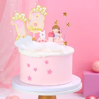 1pcs happy birthday number decoration girl boy birthday party cake topper pink crown pink bow cake decoration