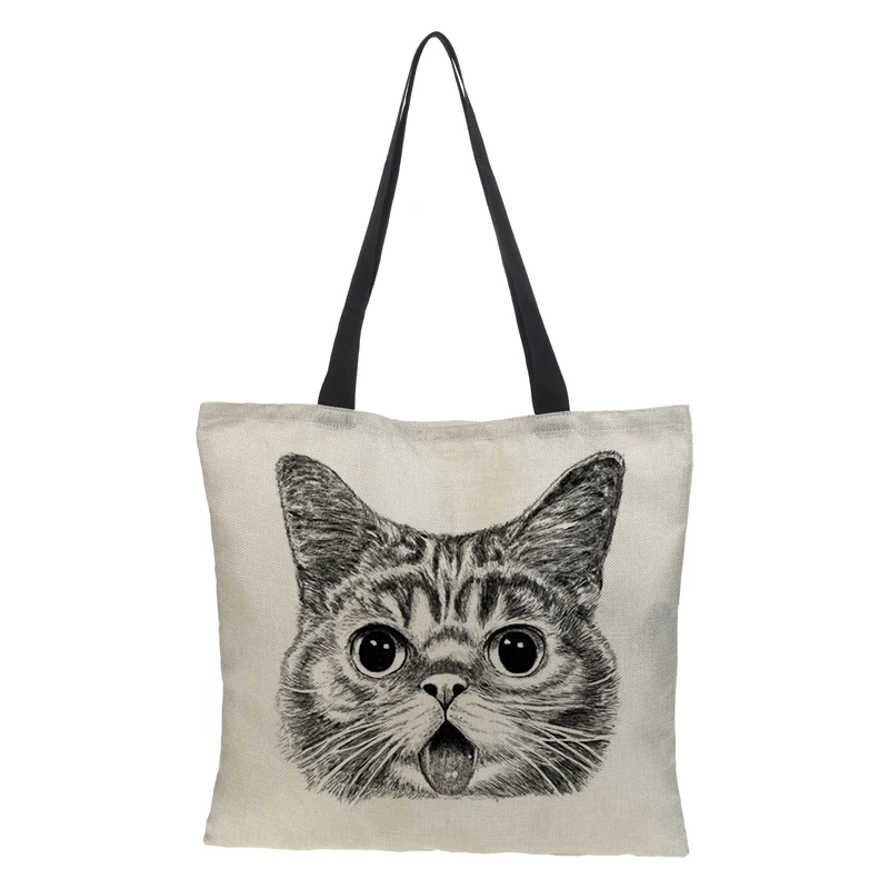 

Foldable Shopping Bags For Groceries Cute Black Cat Print Tote Bag for Women Personality School Traveling Shoulder Bags