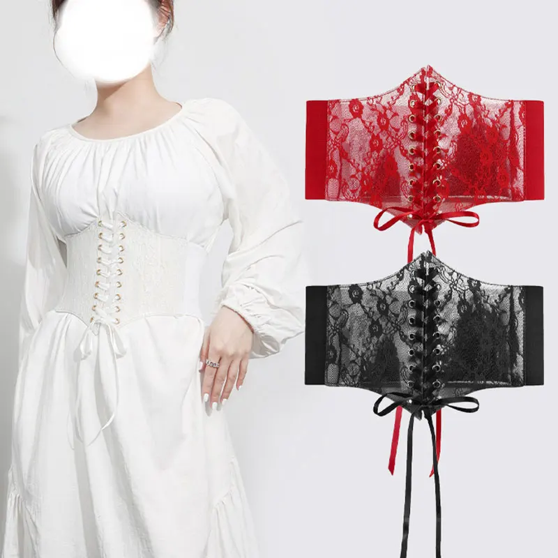 

Women Wide Belt Floral Lace See Through Corset Slimming Body Waist Belts Lace-Up Cummerbunds Elastic High Waist Belt Strap Sexy