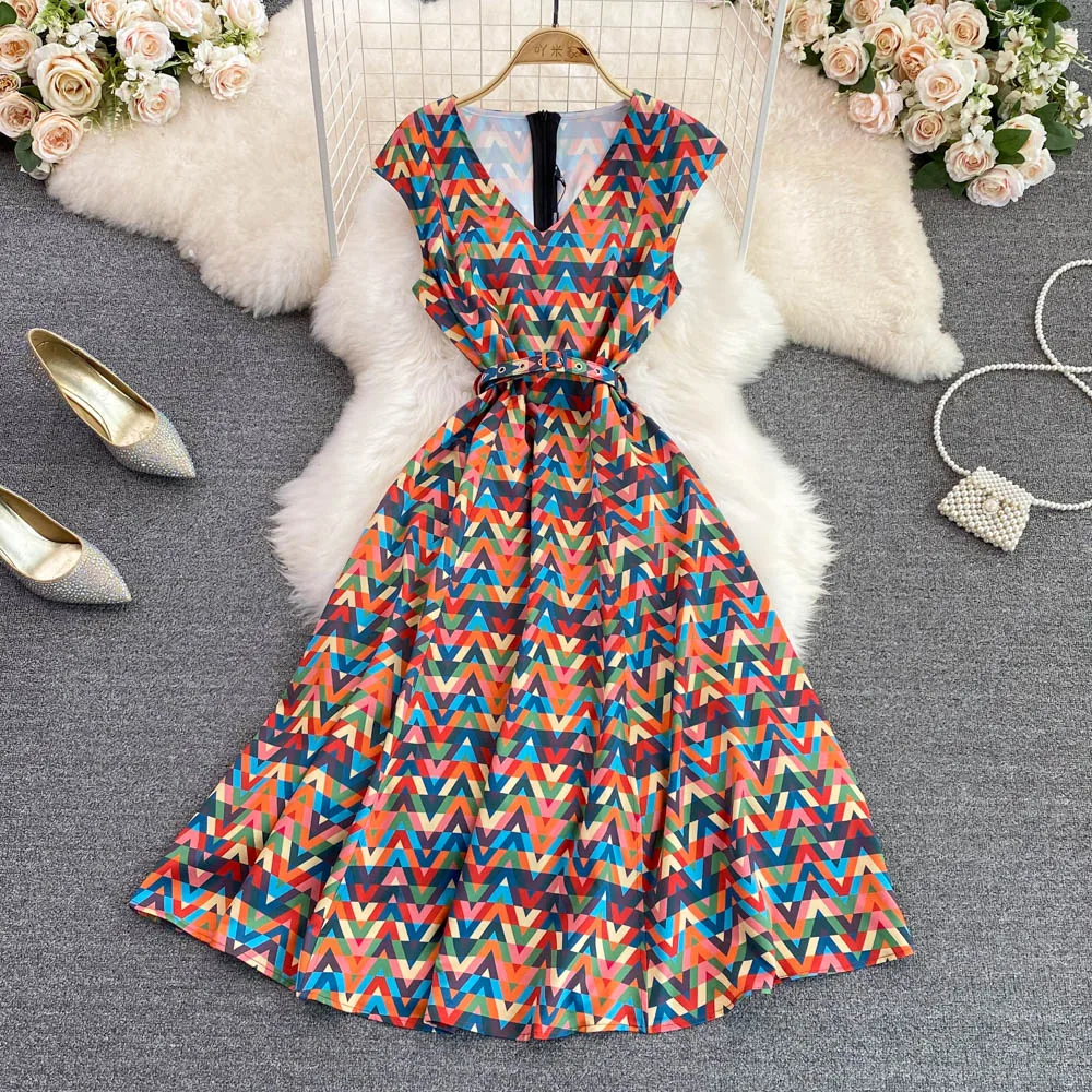 

2022 летнее европейское платье без рукавов с волнистым принтом и v-образным вырезом, Элегантное Длинное Платье