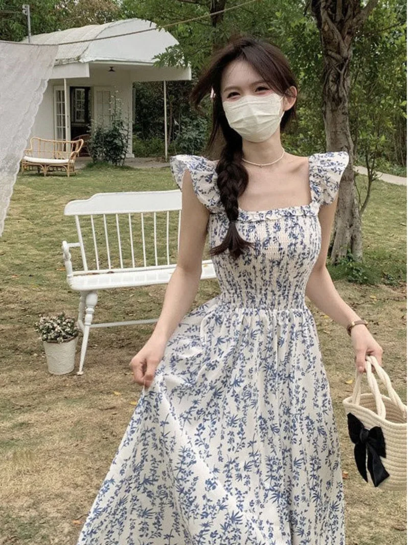 Новинка 2024 стильное свежее и милое приталенное синее платье с разрезом длинное