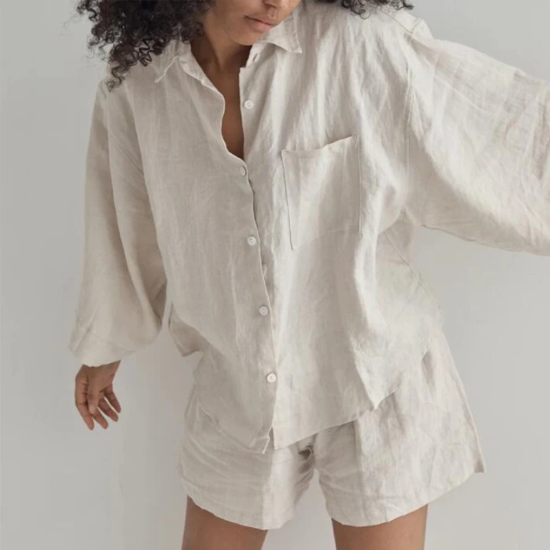 Loose Single-breasted Shirt and Elastic Waist Trousers Ladies 2 Pieces Sets Oversized Summer Casual Linen Solid Shorts Women Set