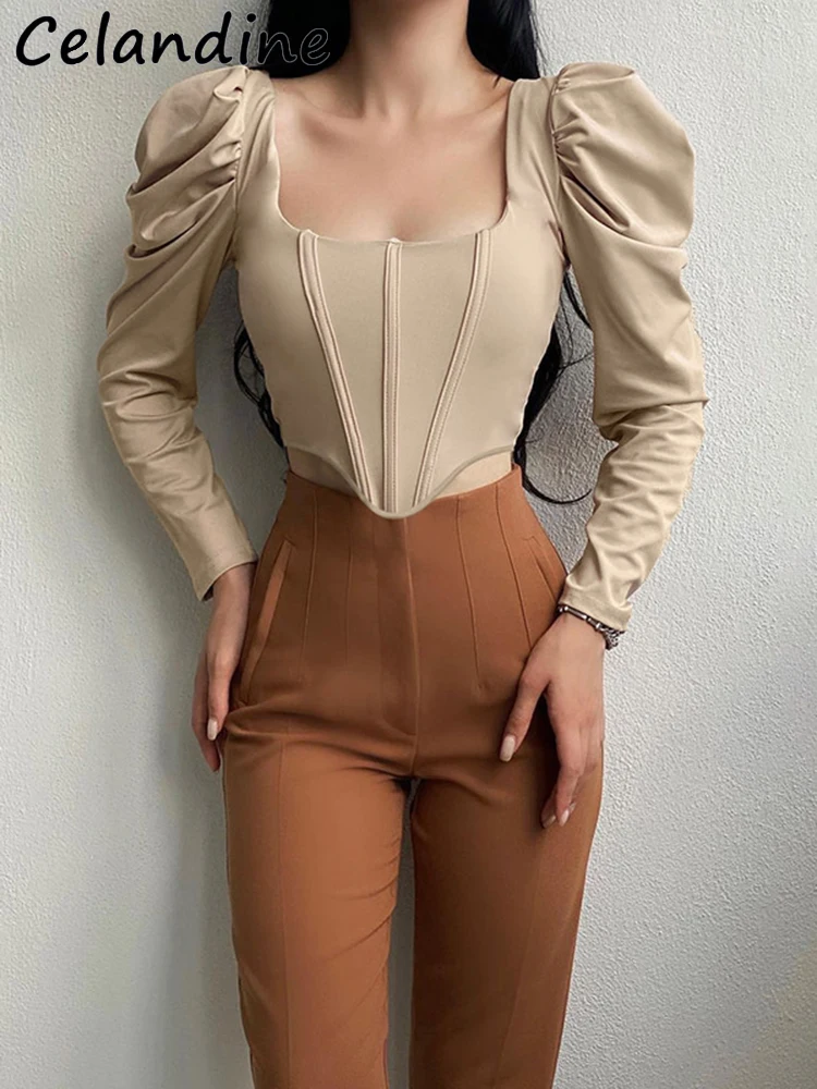 

Celandine Women Autumn Puff Sleeves Long Sleeve Elegant Skinny T Shirt Square Collar Crop Top Vintage Casual Corset Tops White