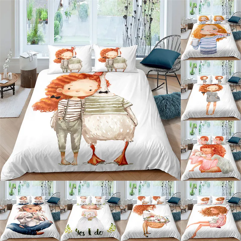 Oil Painting Beautiful Girl Bedding Set Cartoon Abstract Duvet Cover 3D Print Comforter Cover Full For Kids Teens Bedroom Decor