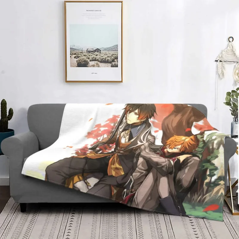 

Ударопрочное одеяло Zhongli и тартаглия дженшина с 3d принтом, дышащее мягкое Фланелевое осеннее покрывало, одеяло для автомобильного дивана и кровати