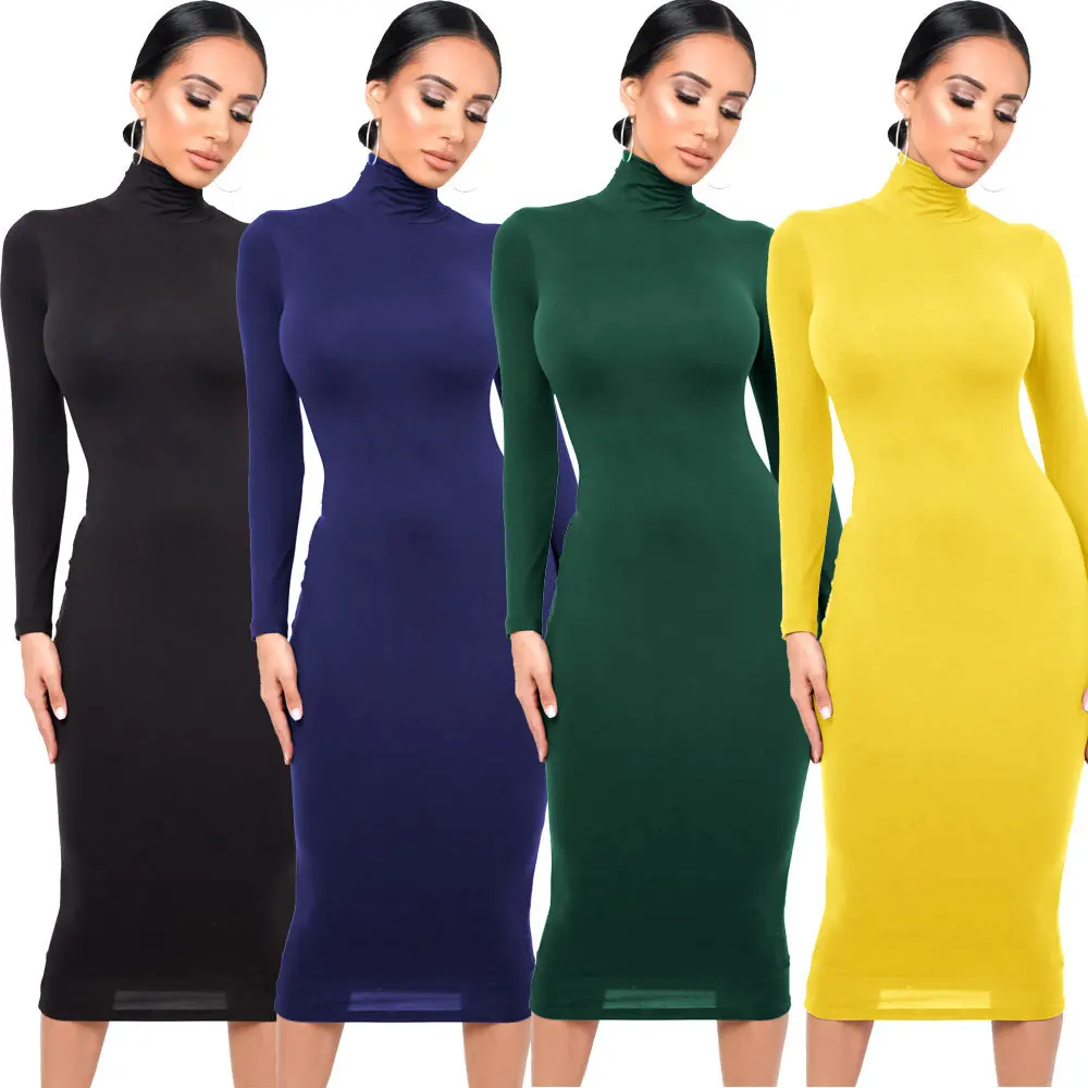 

Sexy Women Long Sleeve Turtleneck Bodycon Dress Autumn Winter New Solid Casual Slim Package Hip Thick Fashion Party Vestidos