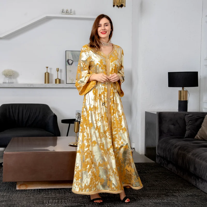 Evening Kaftan Jalabiya Women Gold Stamping  Chiffon Muslim Arab Long Dress Moroccan Caftan  Party Wedding White Abaya Ramadan