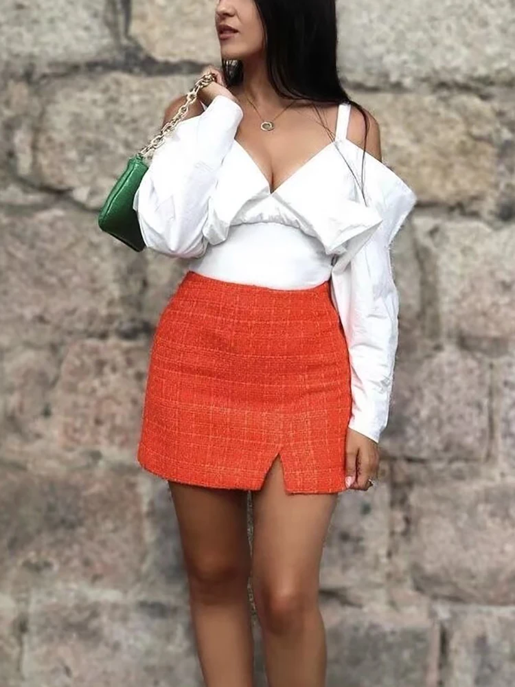 Женская клетчатая твидовая юбка модная однотонная оранжевая привлекательная