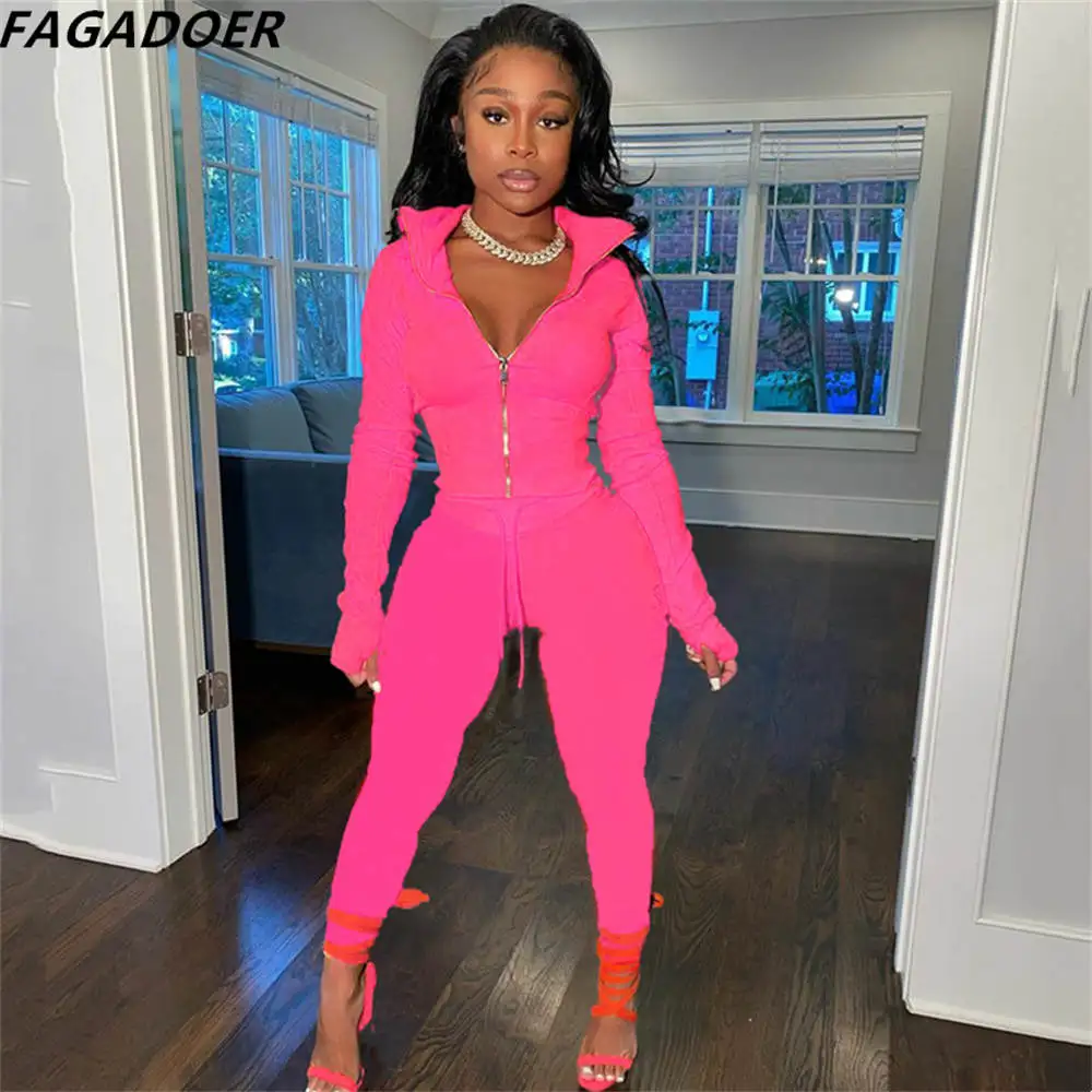 

FAGADOER Casual Sport Two Piece Sets Women Zipper Long Sleeve Coat And Skinny Pants Tracksuits Fall Winter Solid Jogger Outfits
