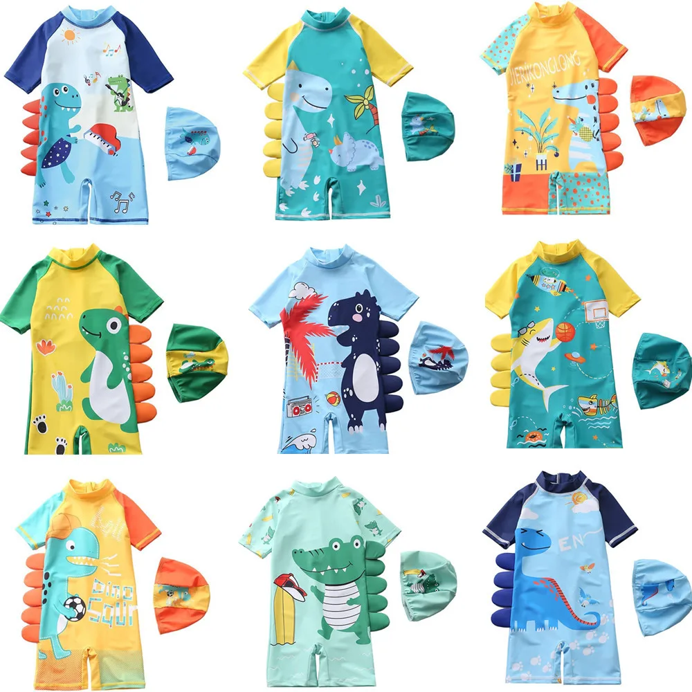 

1-7Years Child boy Swimsuits ONE-PIECE Beach Wear Bathing suit and cap 2-piece set Fashion dinosaur Printed Swimwear for Kids