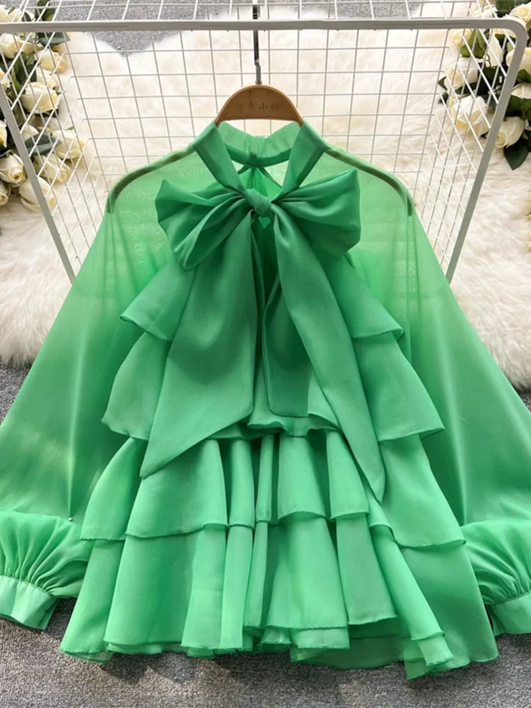 DEAT женская шифоновая рубашка с бантом тонкая оборками новый стиль длинный рукав