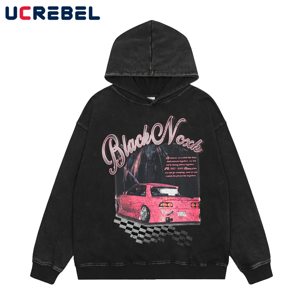 

Car Print Long Sleeve Sweatshirts Mens Retro Letter Washed Distressed Loose Hoodies Autumn Streetwear Casual Sports Pullover Men