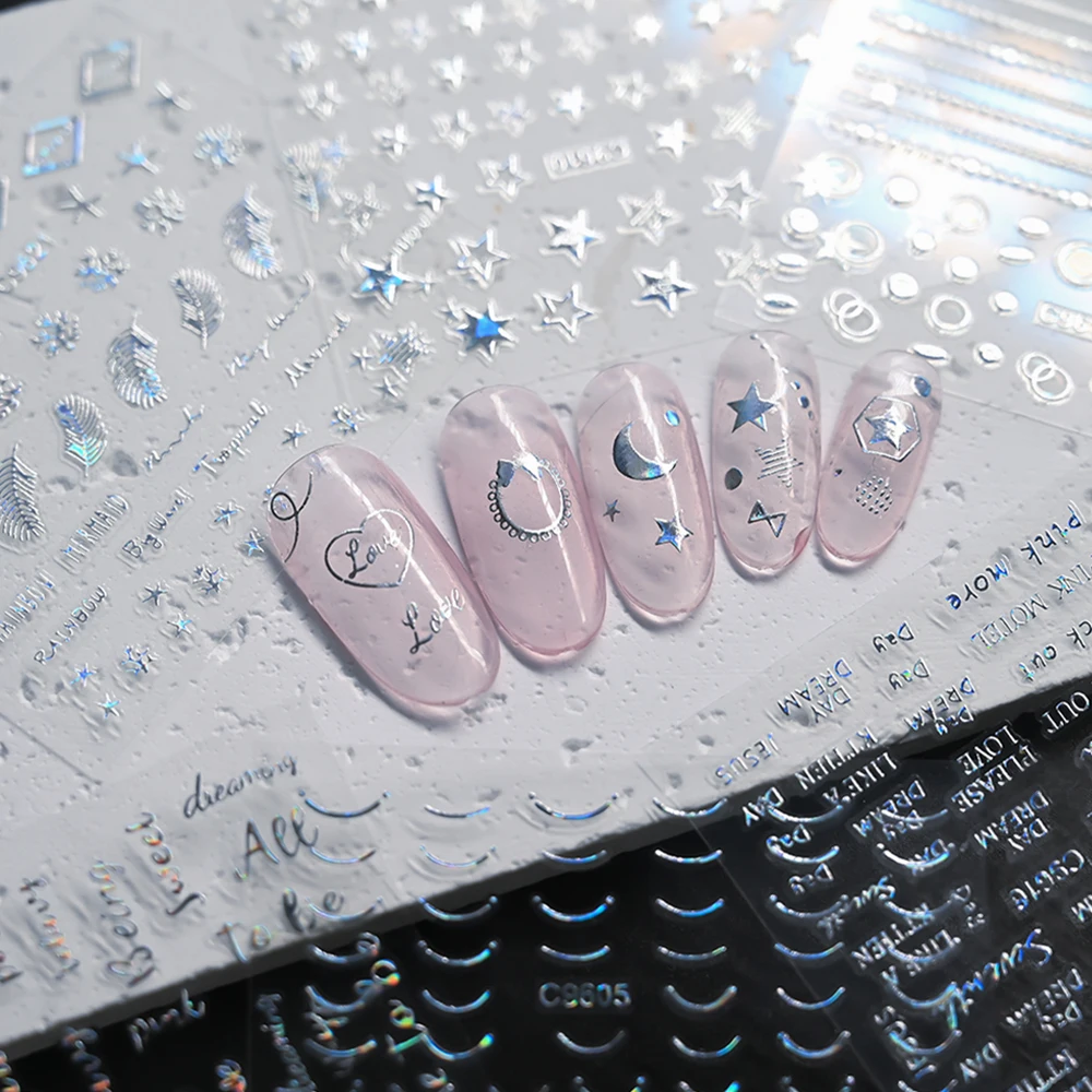 30 листов алмазный дизайн наклейки для ногтей лазерные Серебряные звезды сердце 5