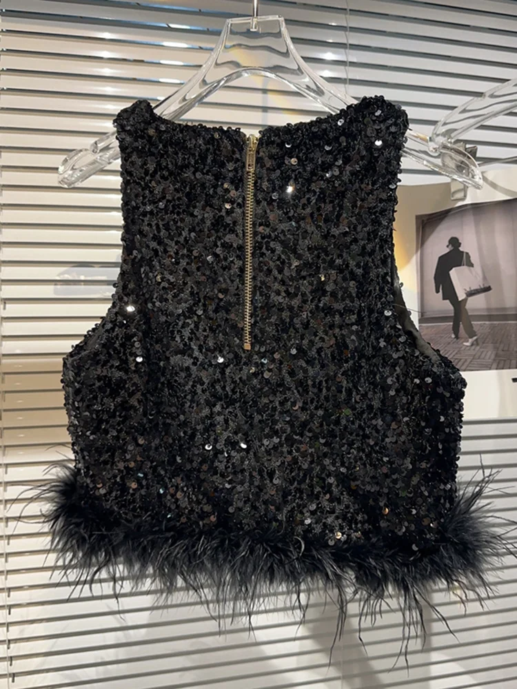 DEAT Брюки с перьями на подоле жилет без рукавов молнии женские вечерние юбки