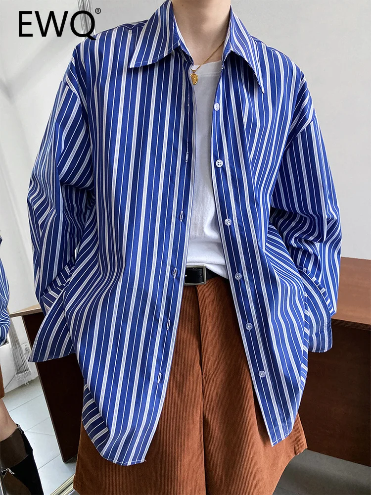 

EWQ Striped Design Shirt For Women Lapel Single Breasted Long Sleeve Office Lady Tops Female 2023 Autumn New Clothing 26D1235