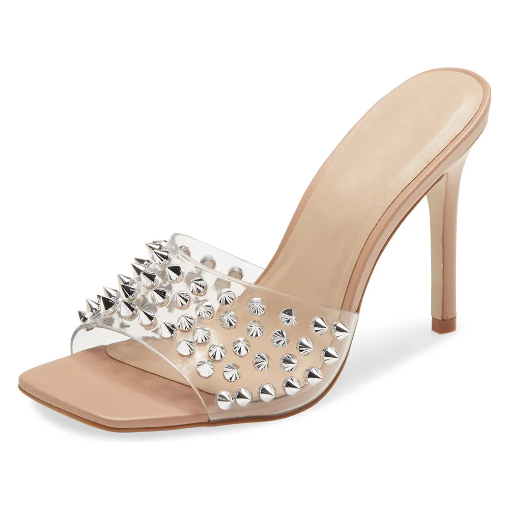 

Сандалии и тапочки на шпильке с квадратной головкой, простые, абрикосового цвета, прозрачные, модные тапочки Muller с серебристыми ногтями, большие размеры