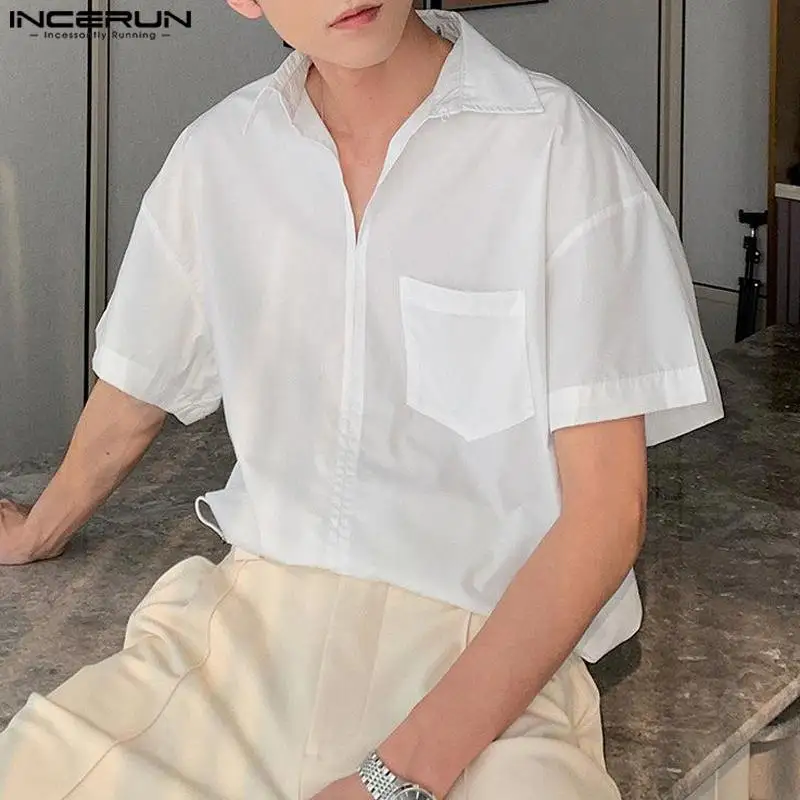 

INCERUN Tops 2023 Korean Style New Mens Half Open Fitting Shirts Casual Streetwear Solid Color Simple Short Sleeved Blouse S-5XL