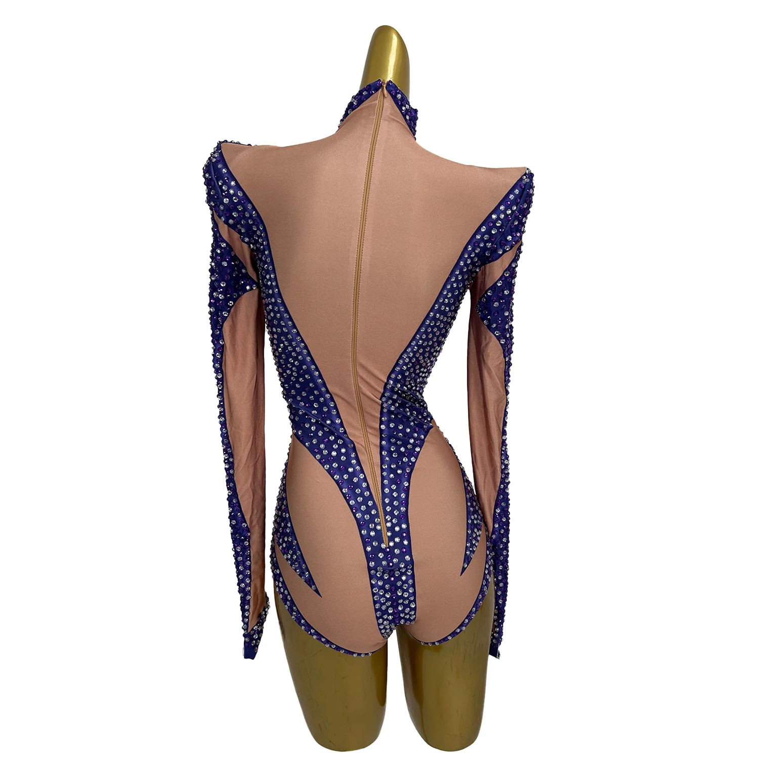 Роскошный блестящий фиолетовый боди со стразами танцевальный купальник с