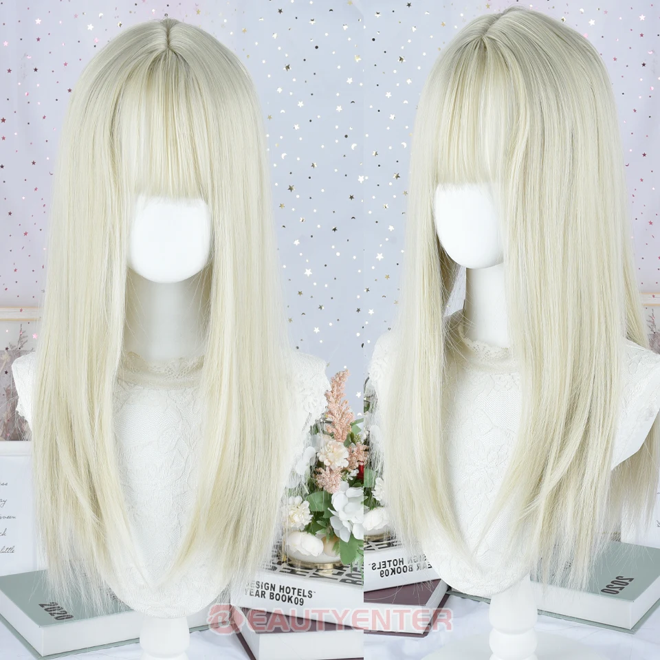 Длинные прямые белые платиновые синтетические парики с челкой для женщин Белый