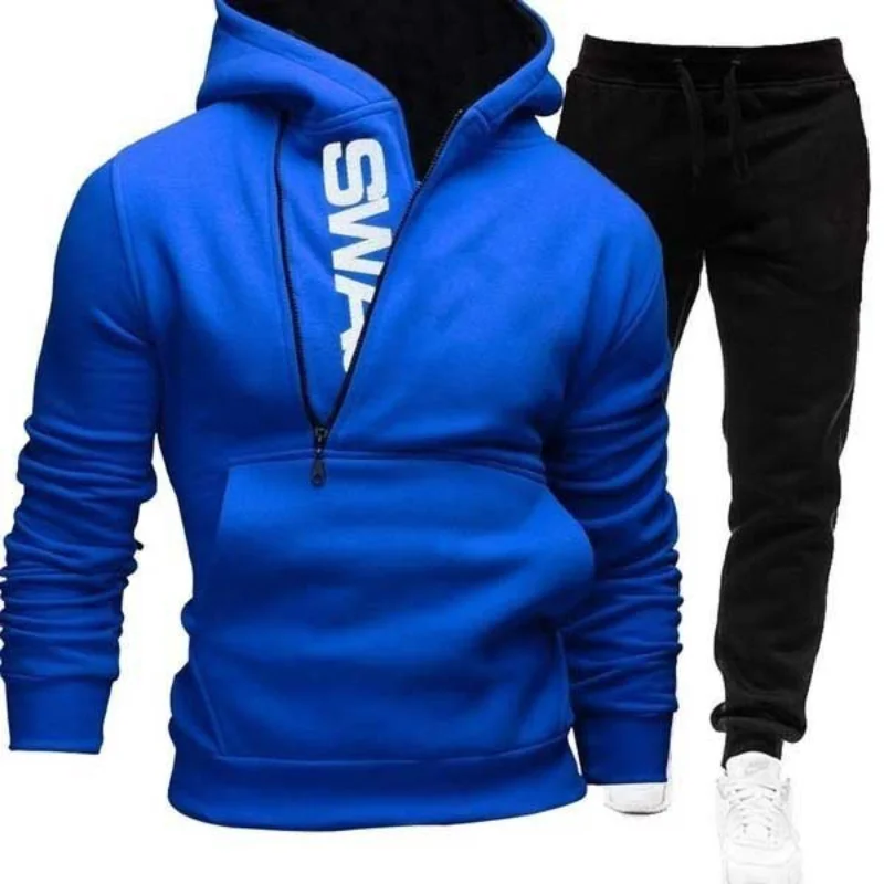 Spring Autumn Men's Sweatshirt Suit Letter Printed Zipper Pockets Hoodie+Drawstring Sweatpants Fashion Male 2Pcs Set