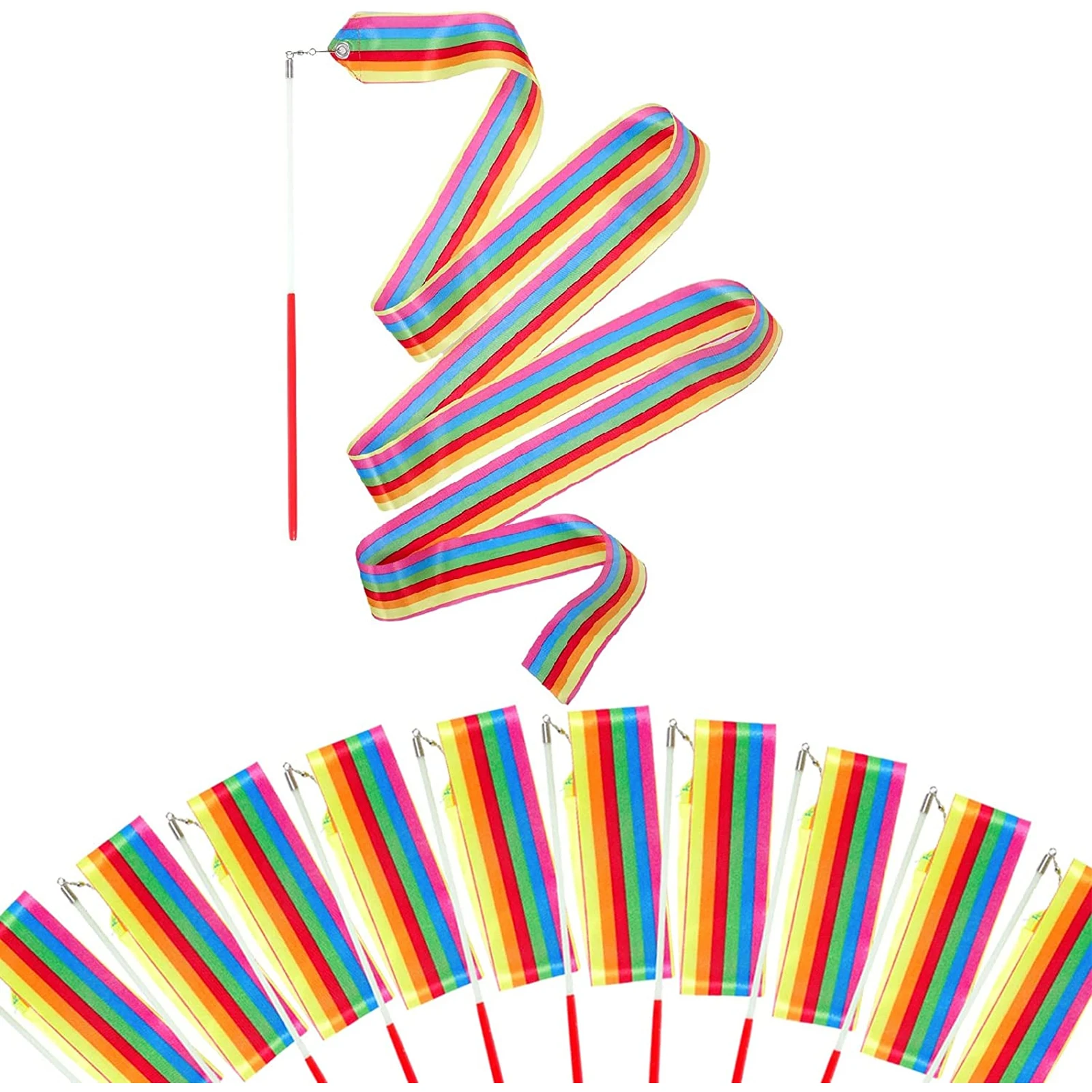 

10pcs Sports With Wand Non Slip Handle Rhythmic Party Gymnastics Ribbon Talent Shows Training For Kids Rainbow Striped Twirling