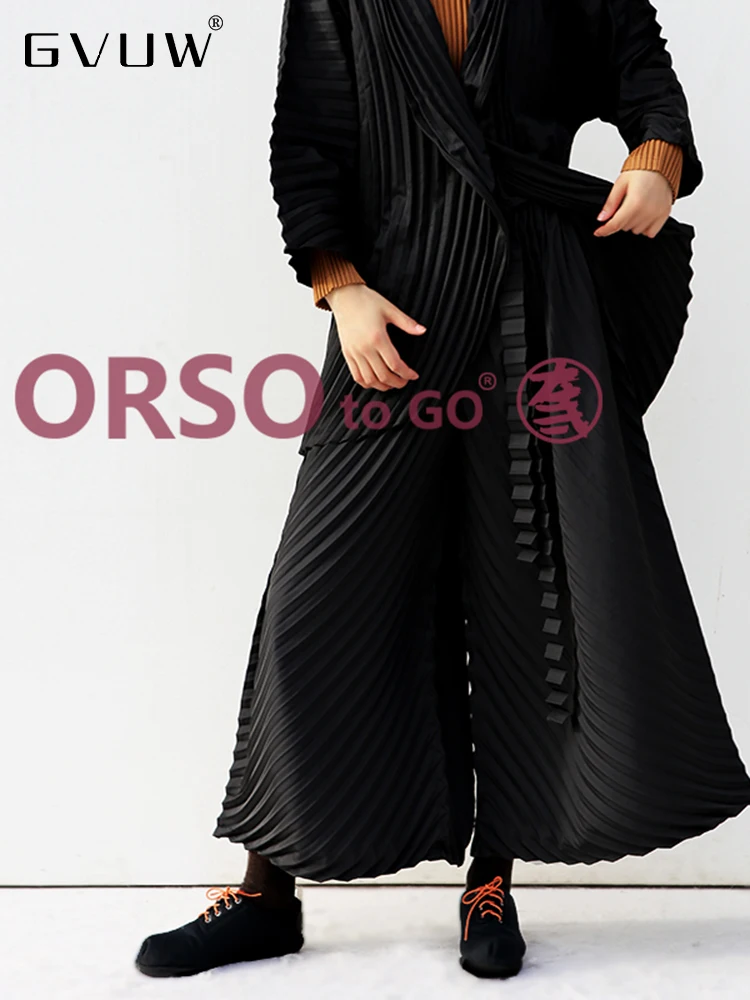 

GVUW Elegant Pleated Wide Leg Pants Women Solid Color Loose 2023 Spring New Belt Elastic Waist Straight Trouser Female 17G1337