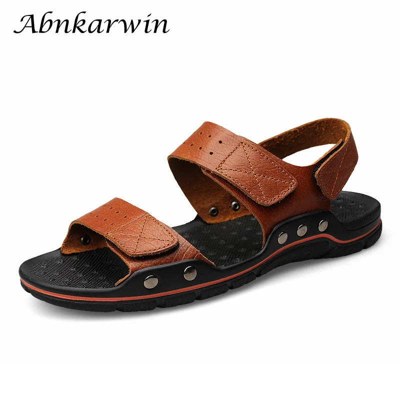 

Summer Men Casual Genuine Leather Sandals Flat Beach Sandalias Hombre Cuero Open Shoes Sandales Homme 2023 Non Slip Size 48
