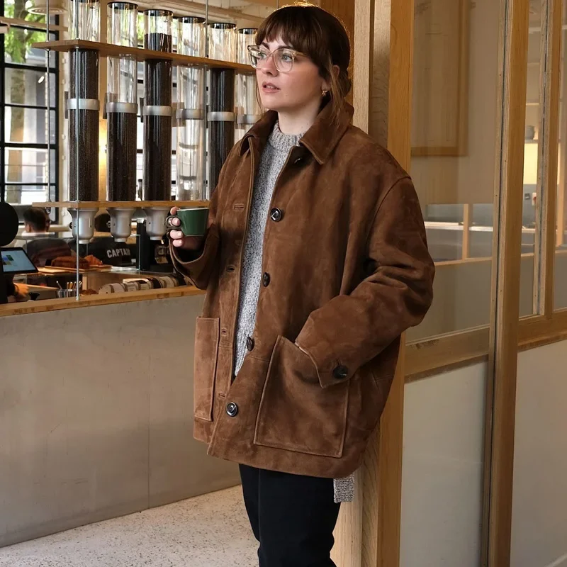 Замшевый пиджак TRAF женский верхняя одежда осенне-зимняя офисная коричневый с