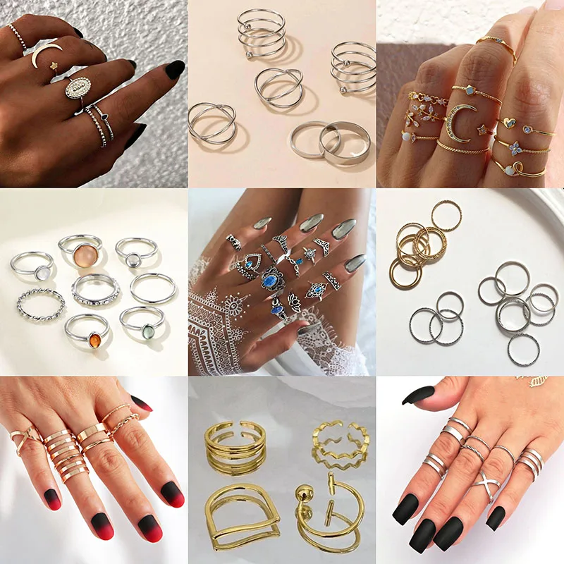 

8 Pieces Set Geometric Exaggerated Ring Inlaid Moon Star Ring Colored Diamond Pearl Gem Ring Set For Women Jewelry