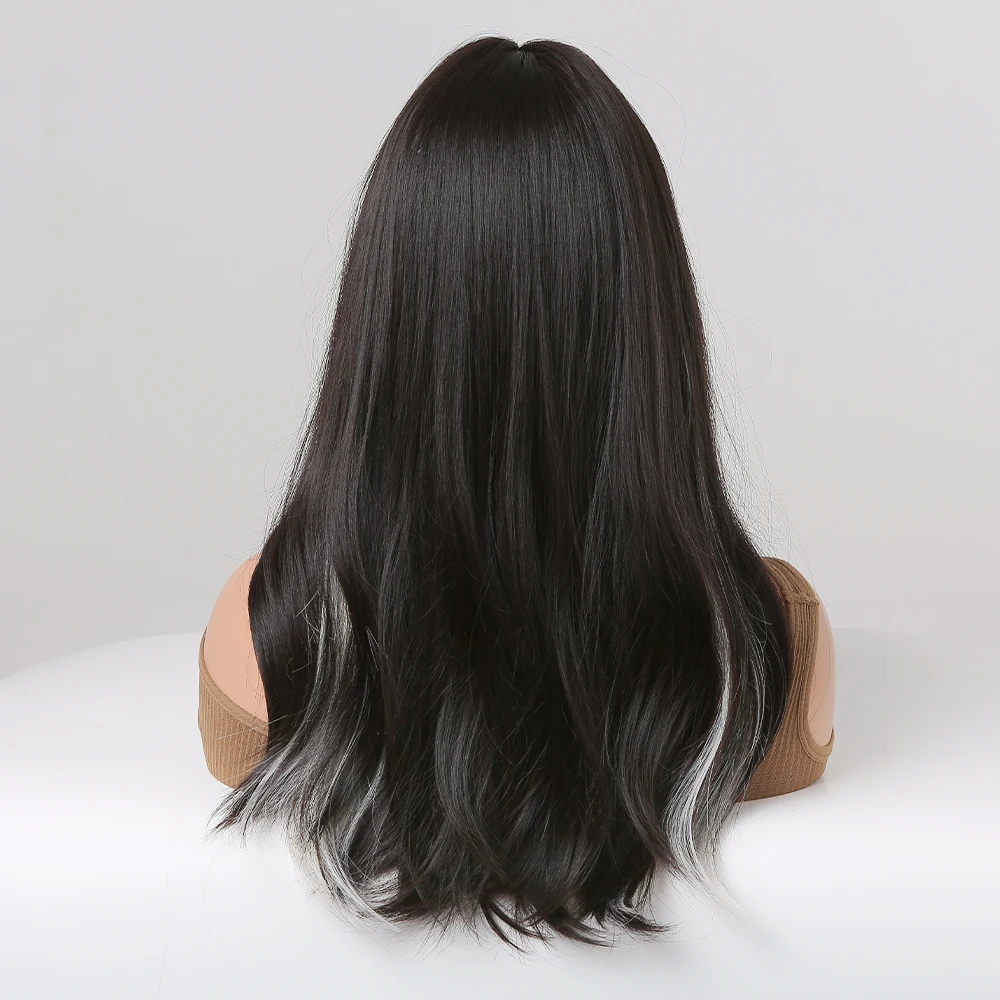 Long Natural Wavy Synthetic Wig Black Highlight White Wigs with Bangs for Women Cosplay Lolita Daily Party Heat Resistant Fibre