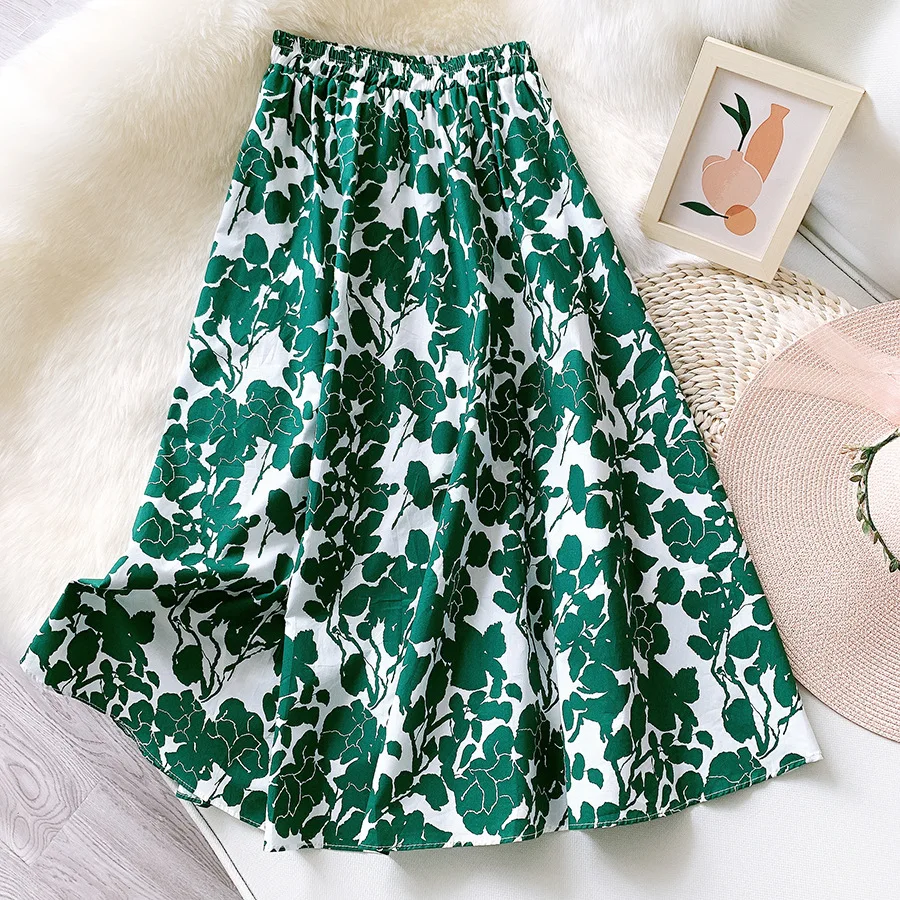 Vintage Floral Printed Cotton Midi Long Skirt Women 2021 Summer Sexy High Waist Casual Loose Pleated A-line Skirt Swing Sundress