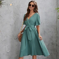 keby zj elegant dresses for women 2022 summer robe vestido clothes solid color short sleeve chiffon office party female dress