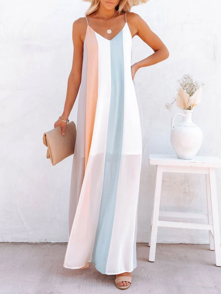 

Sexy Women Loose Long Maxi Dress Summer Female Casual Sleeveless Beach Dresses Retro Striped Print V-Neck Sling Sleeveless Dress