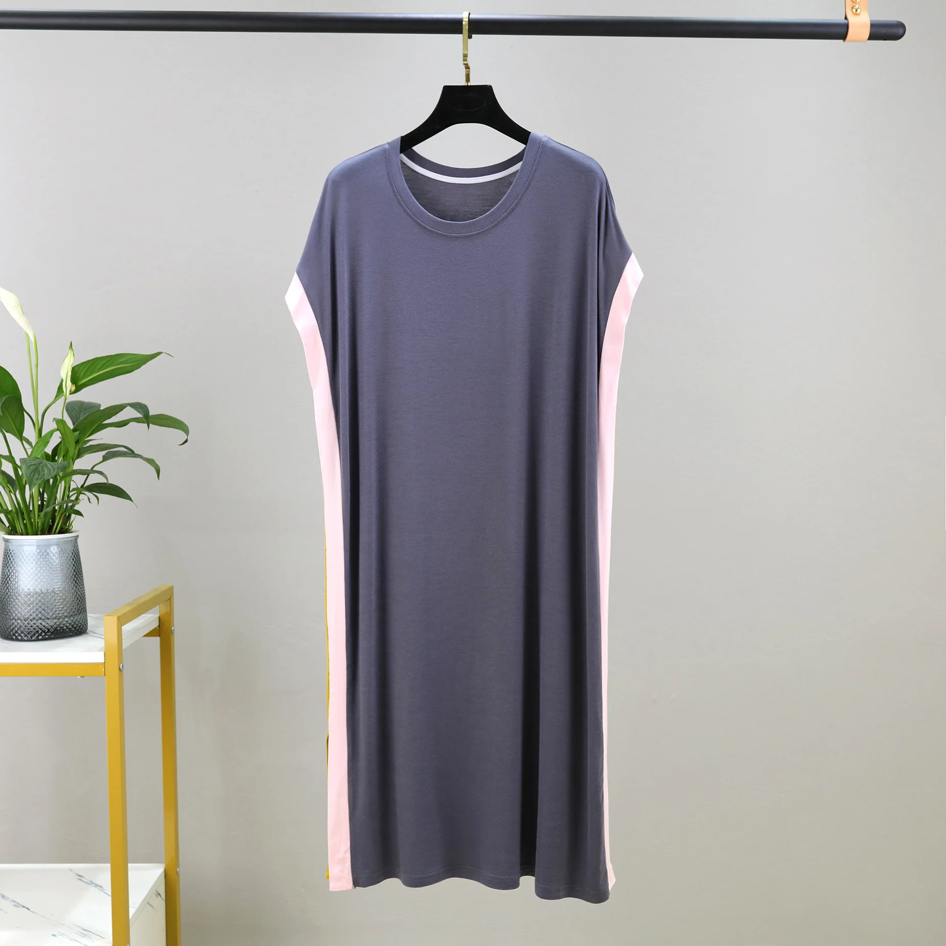 Modal Side White Stripe Color Nightgowns Fashion Plus Size Nightdress Summer Thin Round Neck Batwing Short Sleeve Sleeping Dress