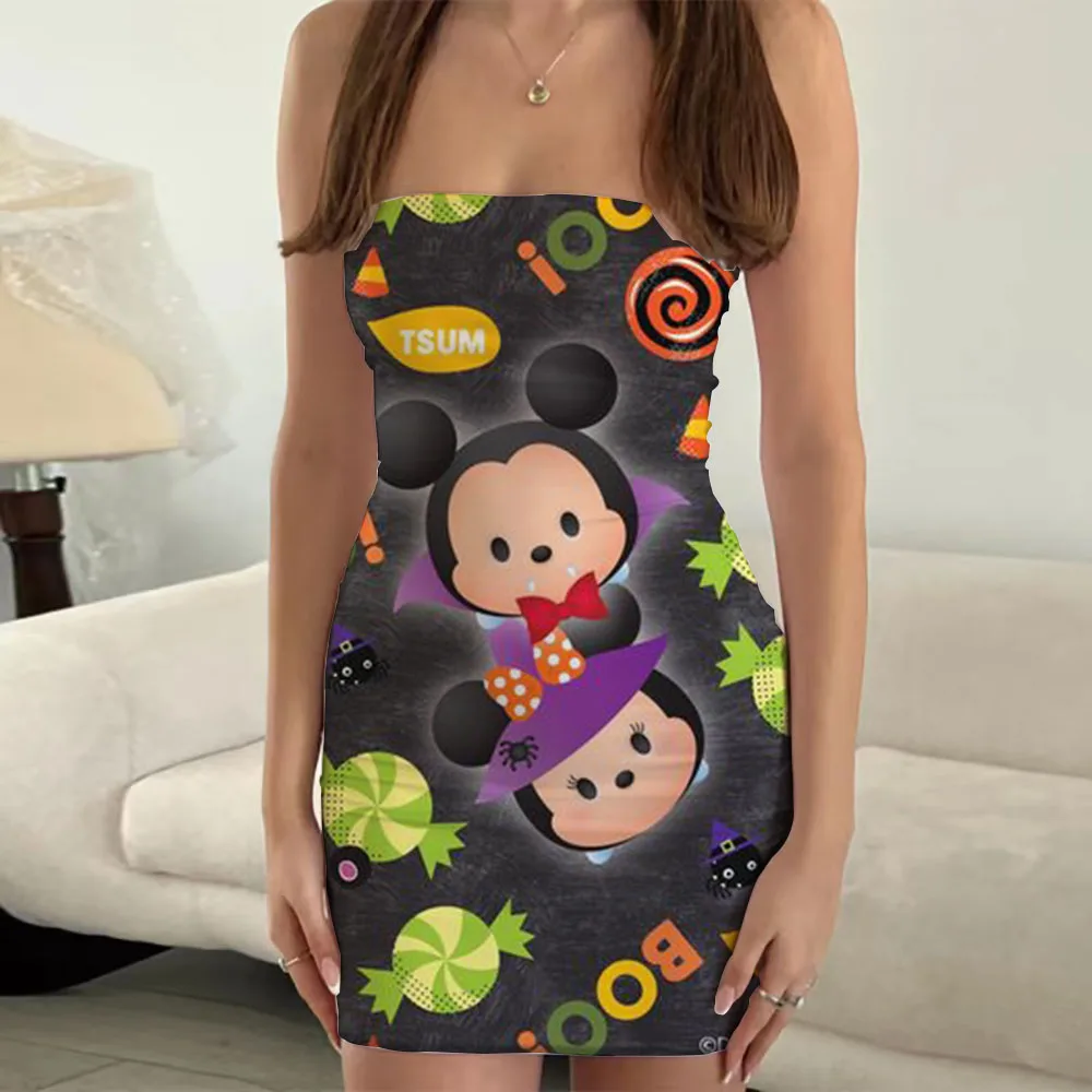 

2023 Horror Halloween New Disney Mickey Anime 3D Printing Bodysuit Summer Women Sexy Fashion Bandeau Mini Dress