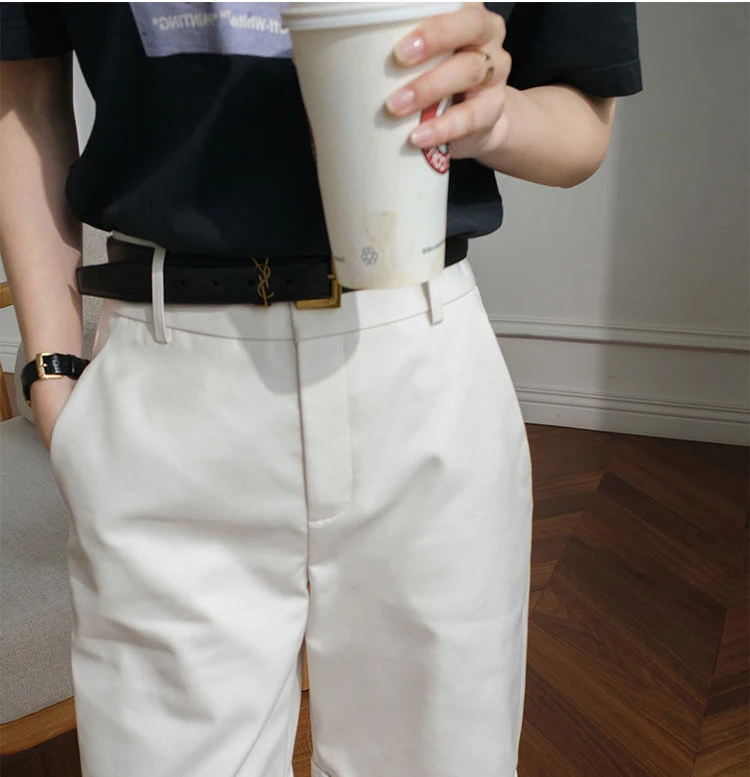 Summer Women's Shorts Knee Length Straight Pants with Belt Office Khaki White Black Casual Fashion Woman High Waist Short Pants