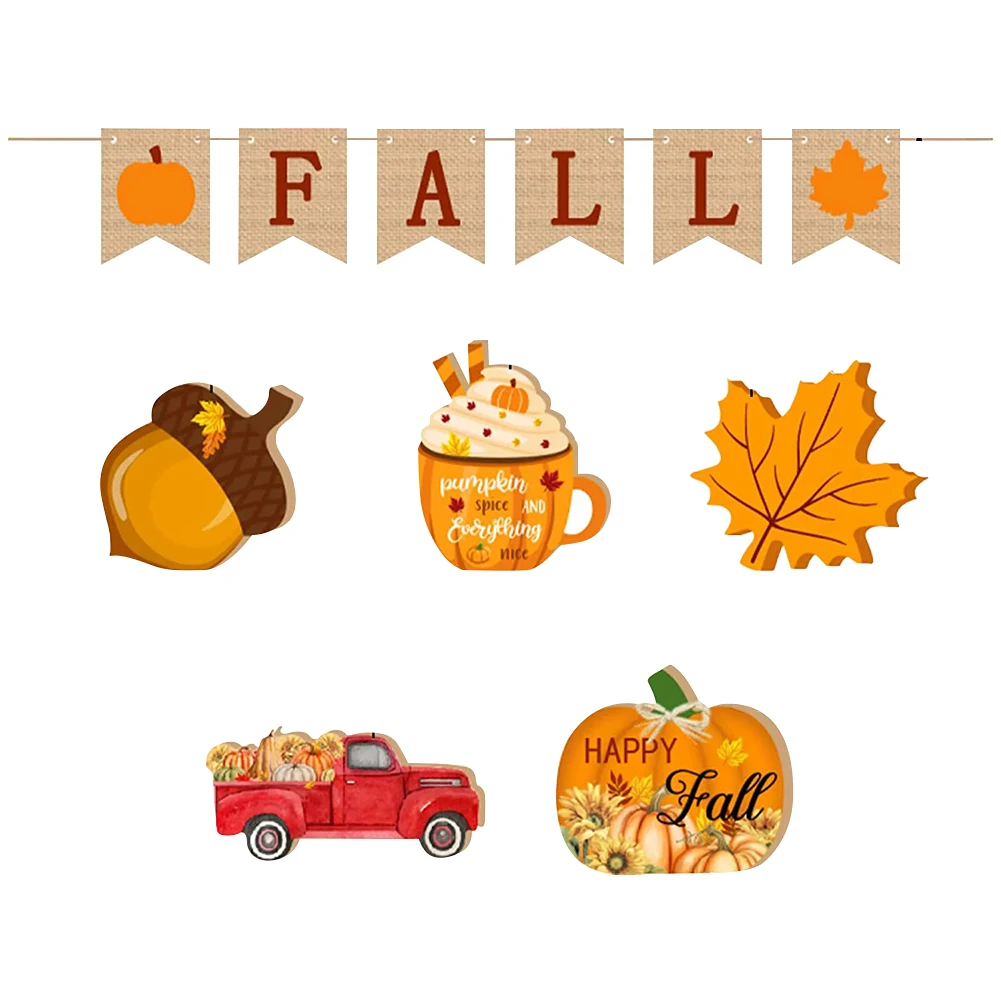 

12pcs For Thanksgiving Happy Harvest Coffee Cup Fall Wooden Sign Set Farmhouse Party Festival Truck Maple Leaf Tiered Tray Decor